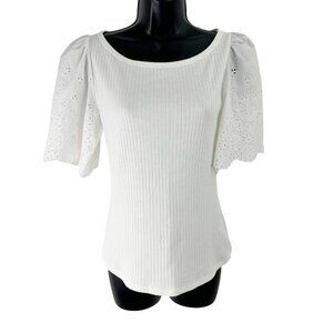 Rebecca Taylor La Vie Eyelet Scallop Puff Sleeve Blouse Top White Size Small